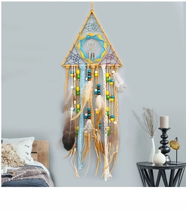 Detailed shot of handmade bohemian dreamcatcher with triangle wood frame and feathers