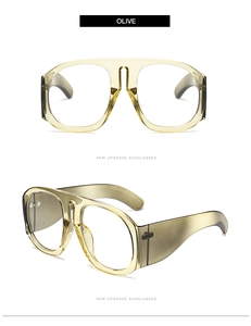 Detailed front and side views of olive green oversized sunglasses with clear frames