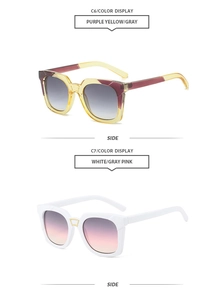 Detail view of square oversized sunglasses in purple yellow and white frames