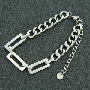 Polished stainless steel Cuban chain bracelet with rectangular links and lobster clasp