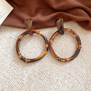 Macro detail of amber resin bamboo hoop earrings with vintage texture and silver studs