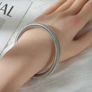 Silver twisted cable stainless steel open cuff bracelet with minimalist woven wire design