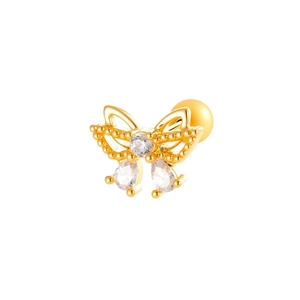 Golden bow stud earring with micro-pave cubic zirconia and screw-back piercing design