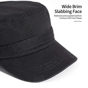 Vintage washed cotton flat top military hat in black with a wide brim for sun protection