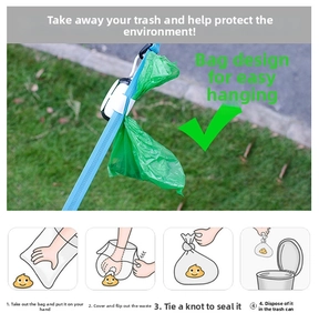 Pet poop bag dispenser detail showing the clip-on design and green waste bags usage steps