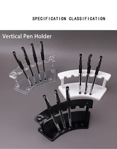 Vertical fan-shaped acrylic pen display stands in transparent, black, and white colors