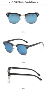 Detailansicht der Retro-Clubmaster-Sonnenbrille mit schwarz-goldem Rahmen und blauen Gläsern