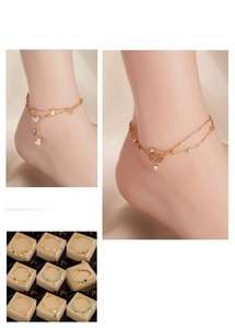 Collection of double-layer anklets with gold heart, evil eye, and colorful beads