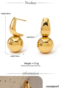 Detailed size specifications for gold spherical drop earrings with dimensions and weight