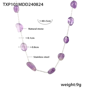 Detail view of purple natural stone necklace with stainless steel chain dimensions and weight
