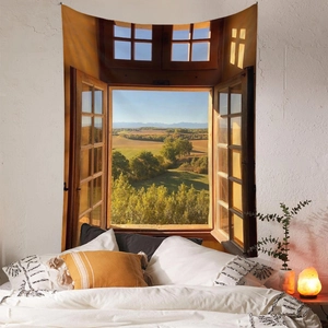 Detail of landscape tapestry featuring a realistic window view with nature scenery