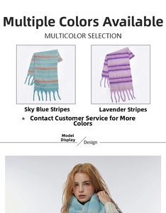 Detail view of colorful striped knit scarves featuring thick tassels and soft plush texture