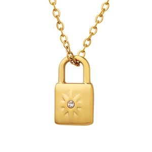 Golden titanium steel padlock necklace with sunburst engraving and sparkling zircon stone