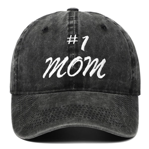 Vintage washed dark grey cotton baseball cap featuring white #1 MOM embroidery on front