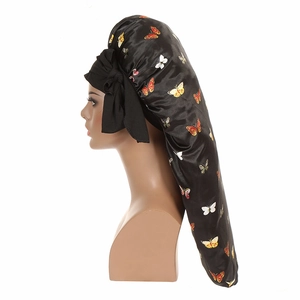 Long satin bonnet for braids with colorful butterfly print and adjustable ribbon tie