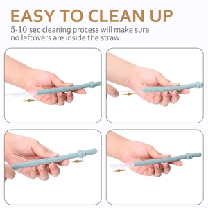 Detail showing the spiral silicone straw with bear charm and its cleaning brush set