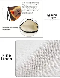 Détail de la trousse de maquillage en lin avec fermeture éclair et motif chat mignon