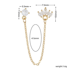 Detailed view of gold chain earrings with marquise zircon crown and crystal stud dimensions
