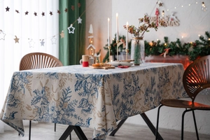 Blue botanical pine branch print tablecloth with high-quality linen texture for Christmas