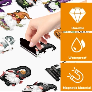 Detail showing waterproof magnetic layer on Halloween gnome stickers for metal doors