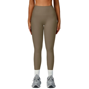 Women high waist seamless ribbed yoga leggings in dark coffee brown color