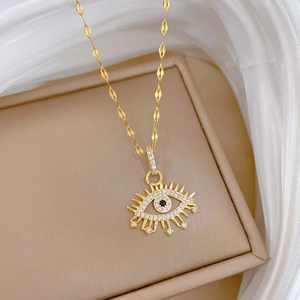 Titanium steel evil eye necklace with gold plating and sparkling zircon stones