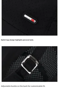 Detail view of adjustable metal buckle and breathable mesh texture on the sports baseball cap