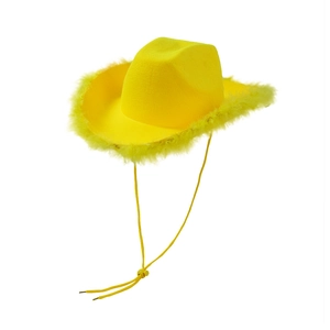 Bright yellow cowboy hat with fluffy feather trim and adjustable neck drawstring