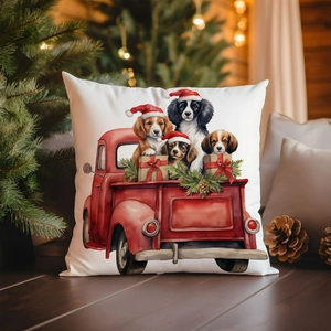 Housse de coussin de Noël avec camion rouge vintage et chiens sur lin blanc pur