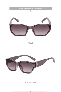 Front and side views of translucent pink purple square sunglasses with brown gradient lenses