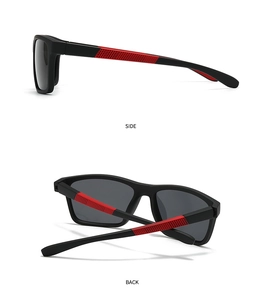 Detailed side and back views of matte polarized sports sunglasses with red rubber temple tips