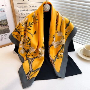 Élégant Foulard En Satin À Imprimé Floral Carré Sergé De Polyester Châle Protection Solaire Décoratif Femmes Motif Magnolia Bord Contrasté