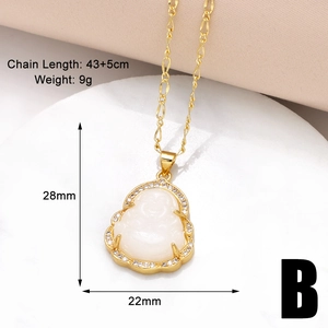 Macro view of gold-plated Buddha pendant with white stone inlay and size specifications