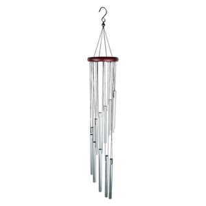 Detail of 12 silver aluminum tubes and brown wooden top plate of the spiral wind chime
