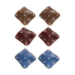 Three pairs of geometric square polka dot earrings with golden edges on white background