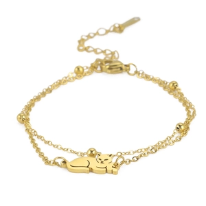 Gold double-layered stainless steel bracelet with cute cat pendant and metal beads