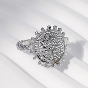 Minimalist silver stainless steel open ring with compass star and rope texture band