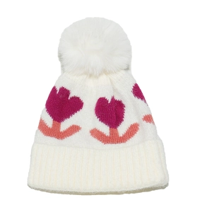 White knit beanie for toddlers with pink floral pattern and large fuzzy pom pom