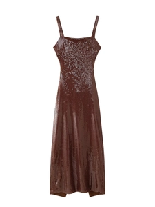Detail view of coffee brown sequin party dress with delicate straps and square neckline