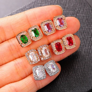 Set of five geometric square zircon stud earrings in emerald, amethyst, and ruby colors