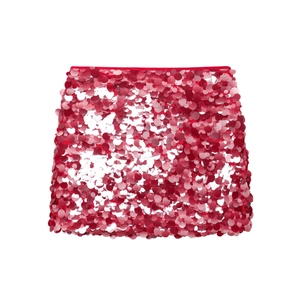 Close-up of sparkling red sequin fabric texture and slim fit design on a mini skirt