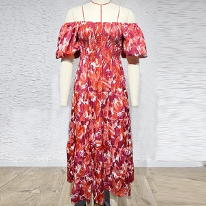 Detail view of the floral off-shoulder maxi dress with shirred bodice and puff sleeves