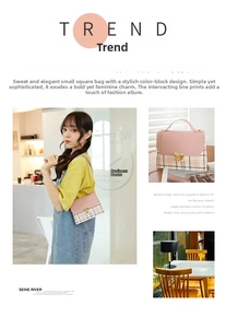Collage showing pink and brown plaid crossbody bag with gold lock and chain strap