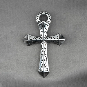 Classic silver stainless steel cross pendant with intricate engraved pattern details