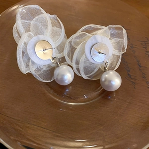 Elegant white lace flower earrings with faux pearl drops and silver needles for women