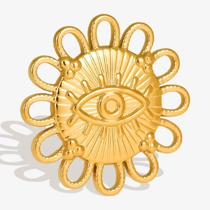Gold-plated stainless steel sunflower evil eye pendant with hollowed design for jewelry DIY