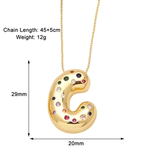 Detailed view of Letter C pendant with multi-color zircons and 45+5cm chain size info