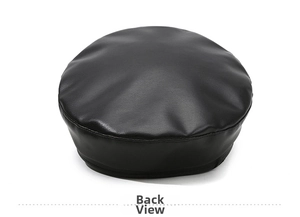Detailed back view of a black leather bucket hat showing fine texture and structured dome