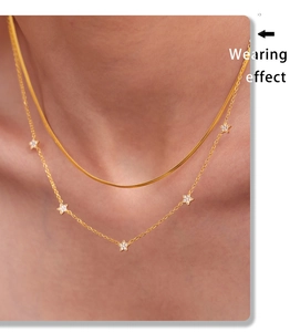 Wearing effect of golden double-layer necklace with sparkling pentagram star pendants