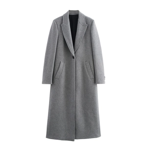 Classic grey long wool coat for women featuring a notched lapel and single button closure